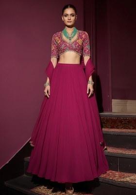 Red Embroidery Blouse Crepe Lehenga Set