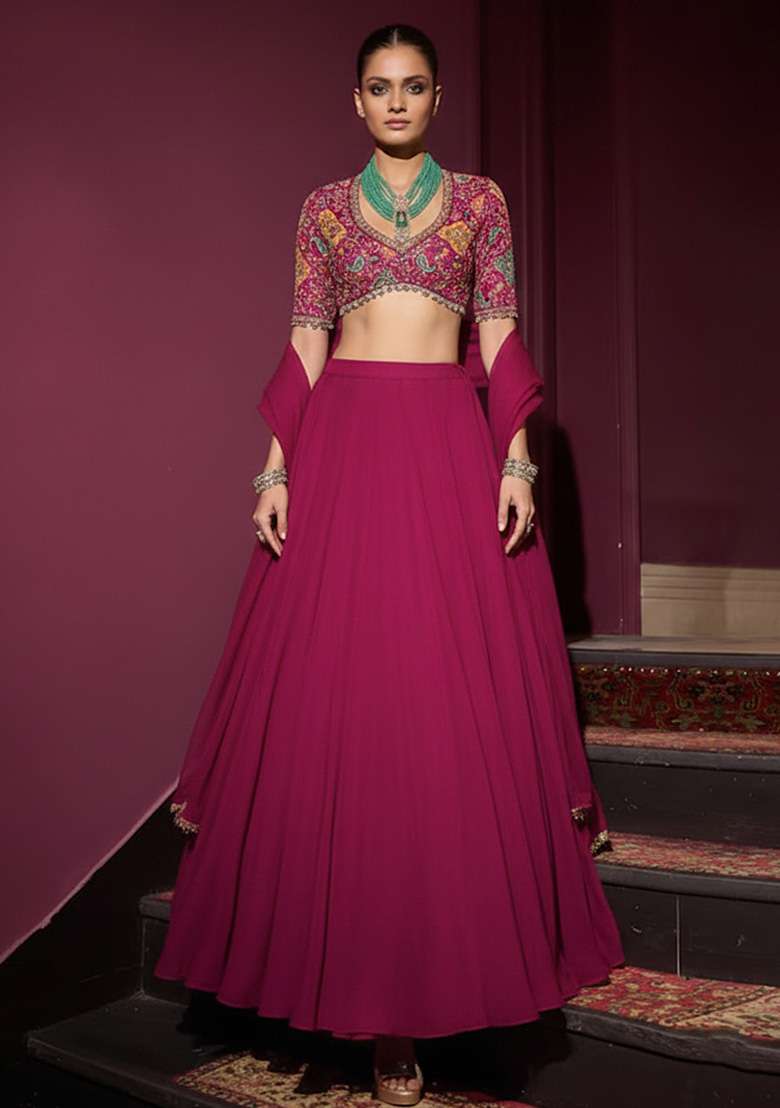 Red Embroidery Blouse Crepe Lehenga Set for Diwali and Festive Wear - Indya