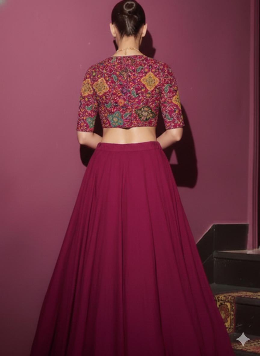 Red Embroidery Blouse Crepe Lehenga Set - Indya