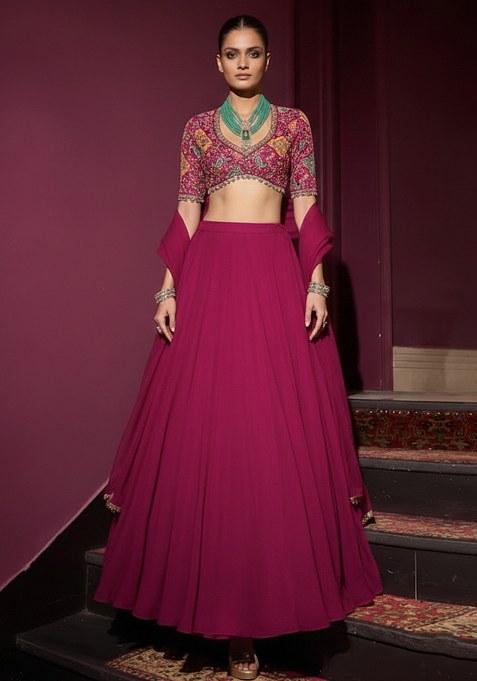 Red Embroidery Blouse Crepe Lehenga Set