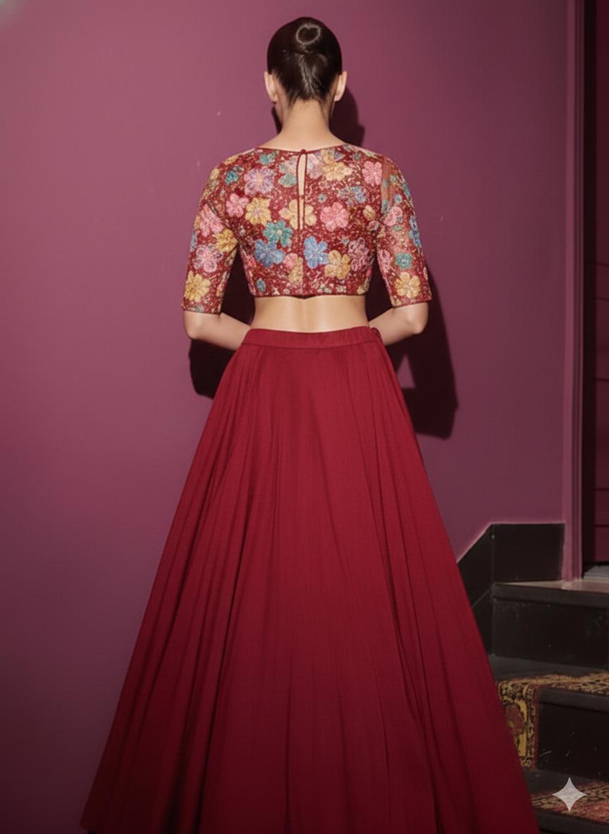 Burgundy Embroidery Blouse Crepe Lehenga Set - Indya