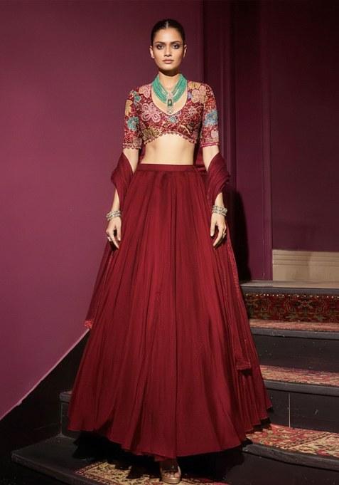 Burgundy Embroidery Blouse Crepe Lehenga Set