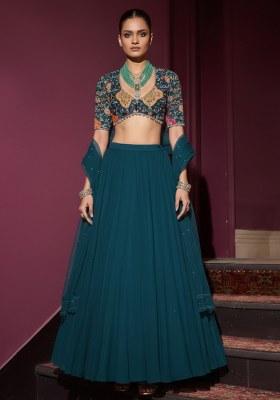 Blue Embroidery Blouse Crepe Lehenga Set