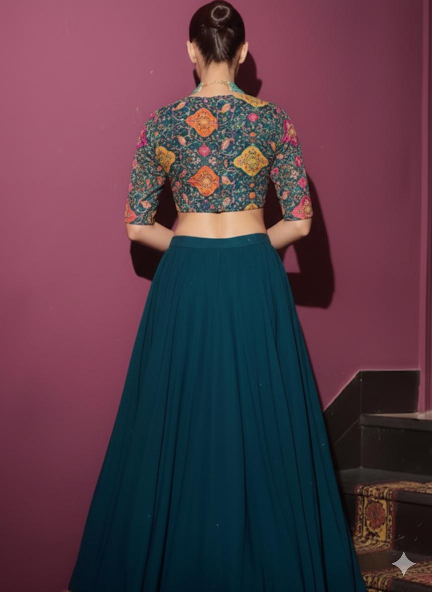 Blue Embroidery Blouse Crepe Lehenga Set - Indya