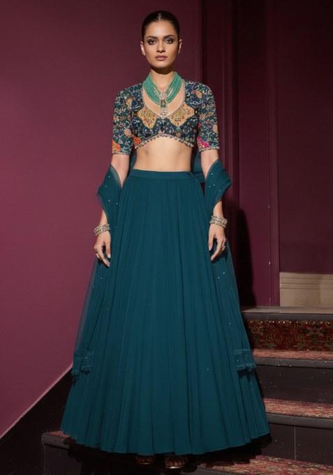 Blue Embroidery Blouse Crepe Lehenga Set