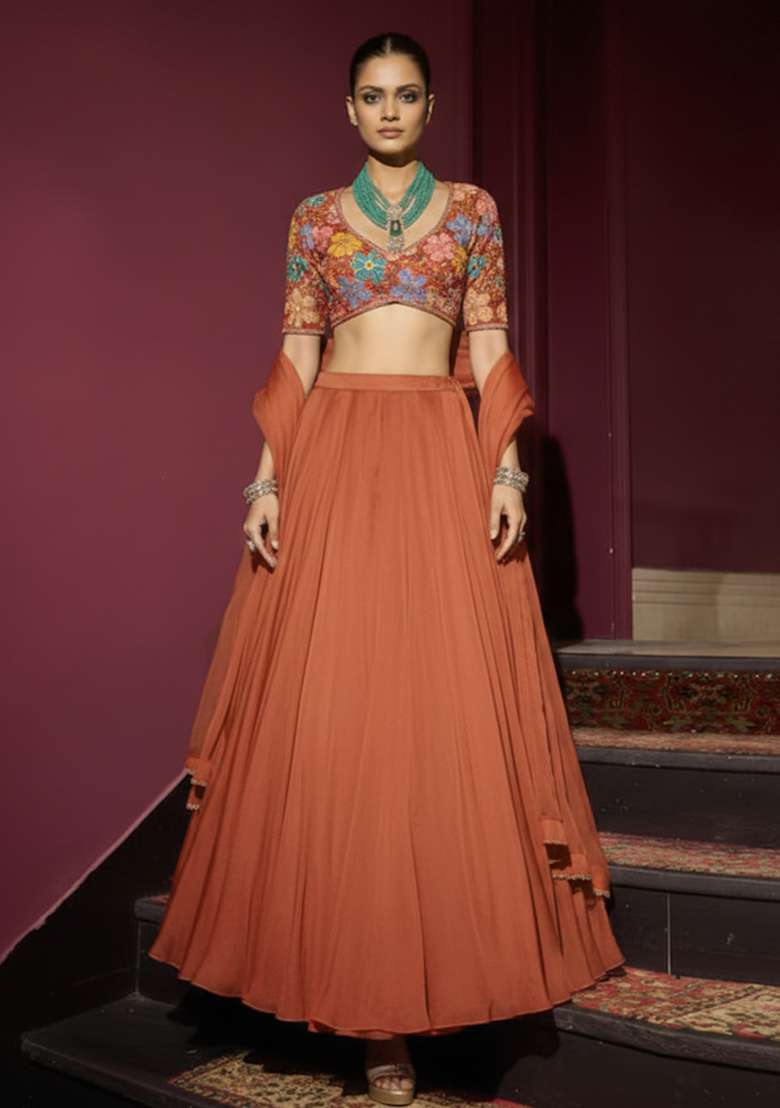 Coral Blouse Crepe Lehenga Set with Embroidery for Diwali | Wedding & Festive Wear - Indya