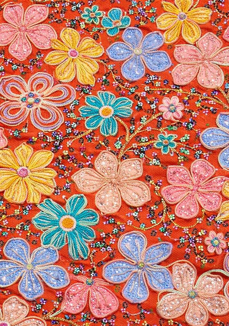 Coral Blouse Crepe Lehenga Set with Embroidery for Diwali | Wedding & Festive Wear - Indya