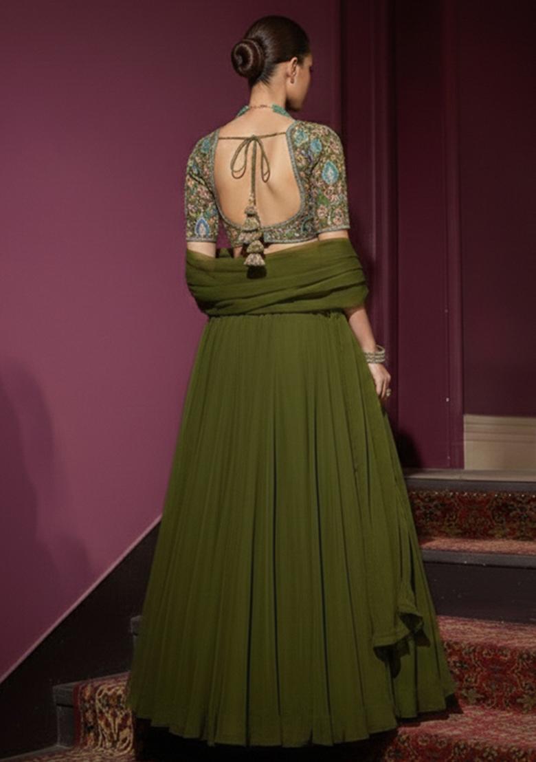 Olive Green Embroidery Blouse Crepe Lehenga Set - Indya