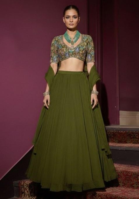 Olive Green Embroidery Blouse Crepe Lehenga Set