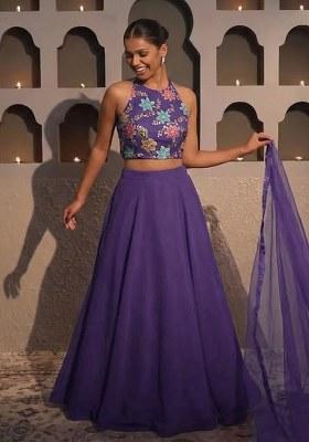 Purple Embroidery Blouse CREPE Lehenga Set