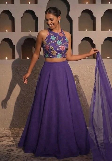 Purple Embroidery Blouse Crepe Lehenga Set