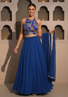 Blue Embroidery Blouse CREPE Lehenga Set