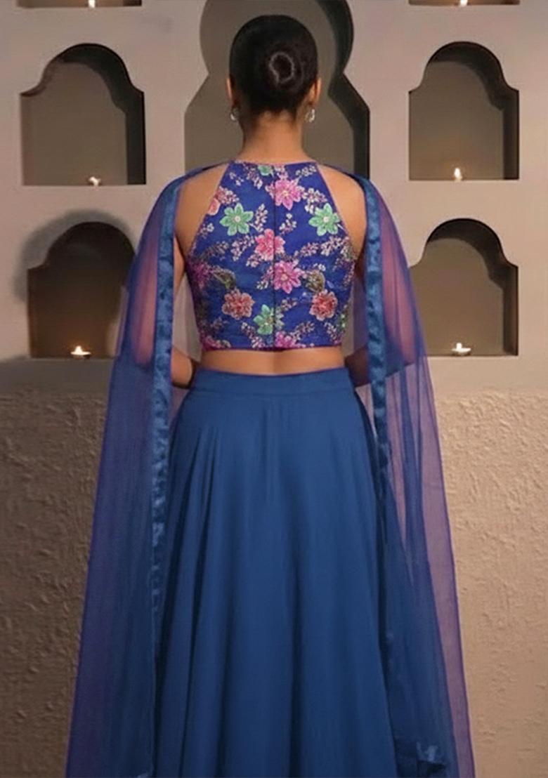Blue Embroidery Blouse CREPE Lehenga Set - Indya