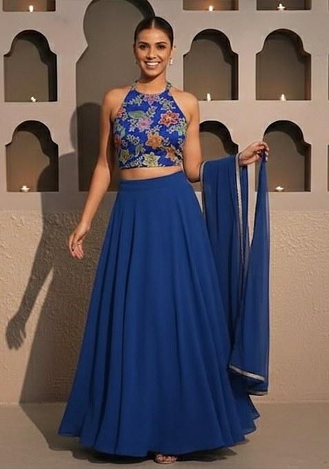 Blue Embroidery Blouse Crepe Lehenga Set