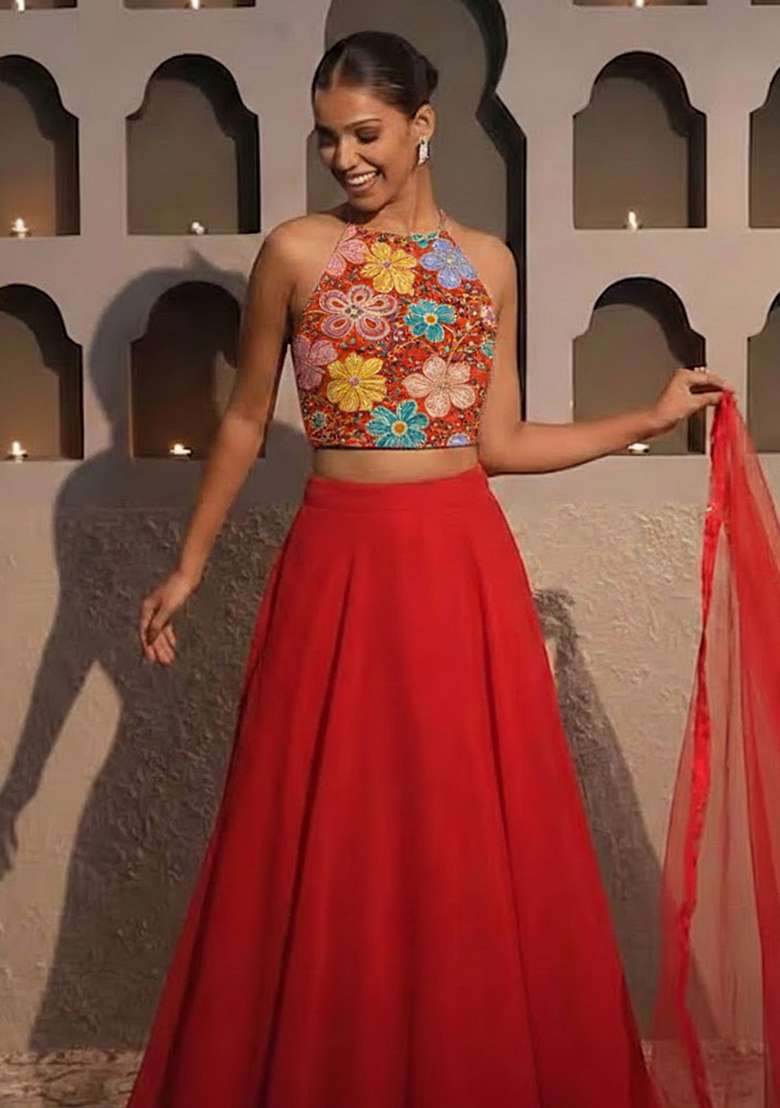 Red Blouse Crepe Lehenga Set with Embroidery for Diwali | Wedding & Festive Wear - Indya