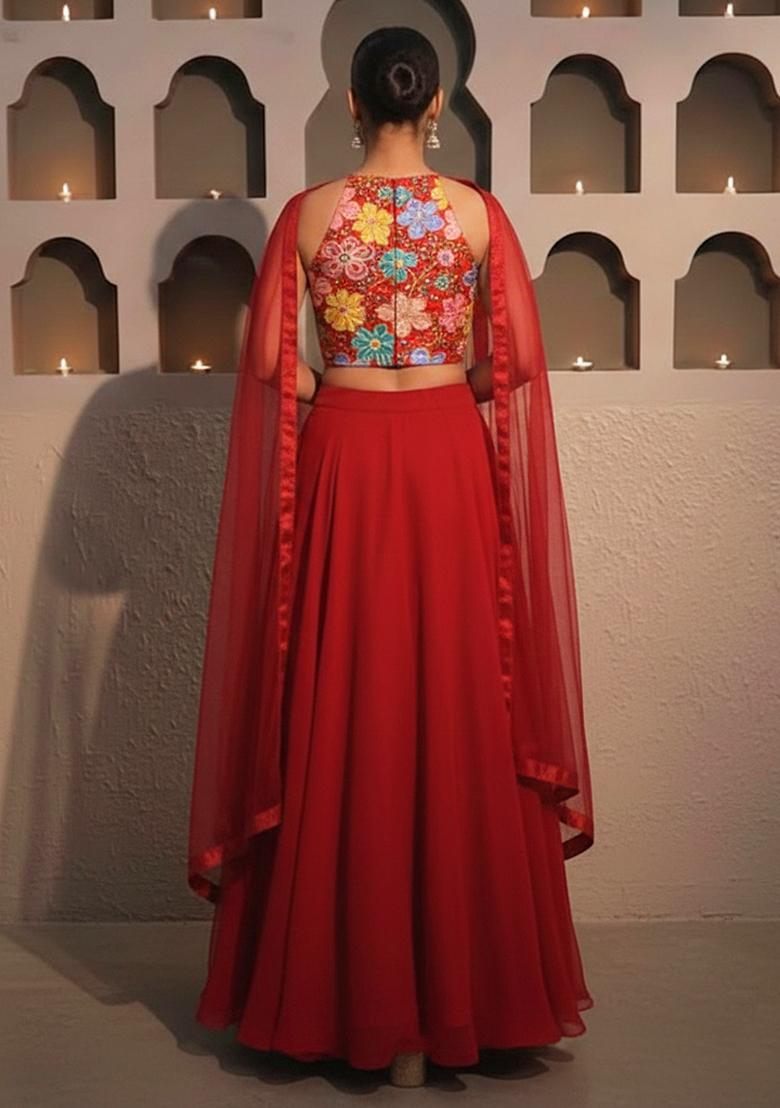 Red Embroidery Blouse Crepe Lehenga Set - Indya