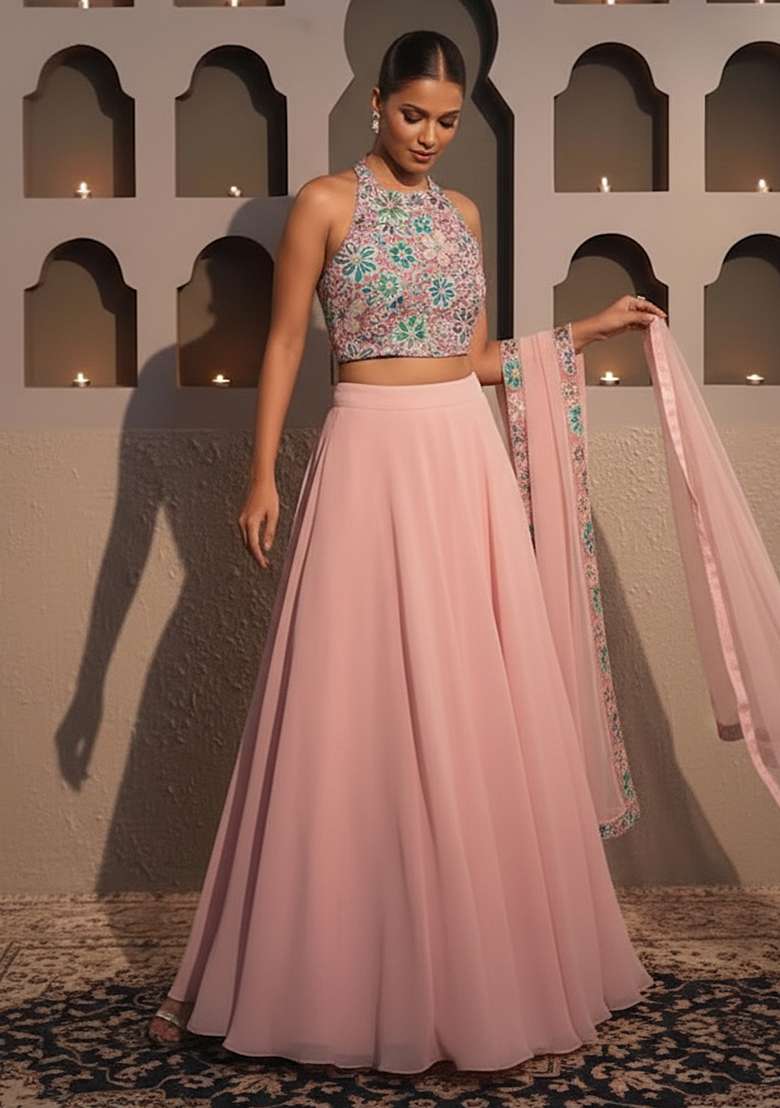 Soft Pink Embroidery Blouse Crepe Lehenga Set - Indya
