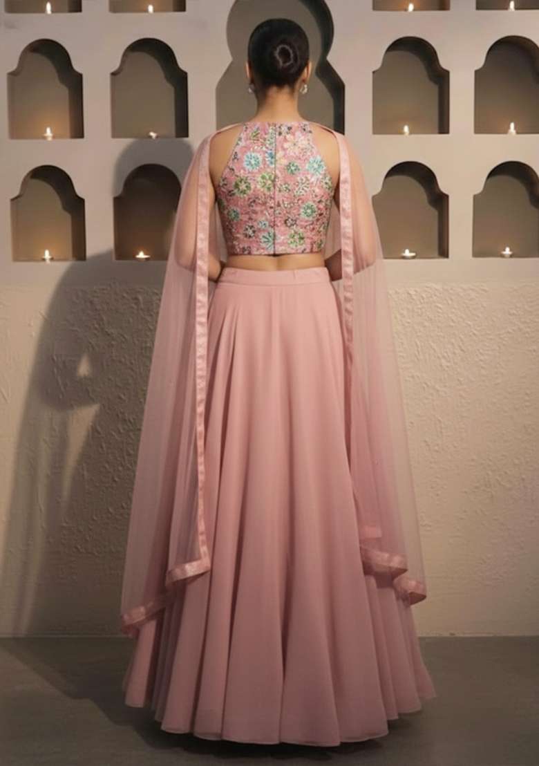Soft Pink Embroidery Blouse Crepe Lehenga Set - Indya