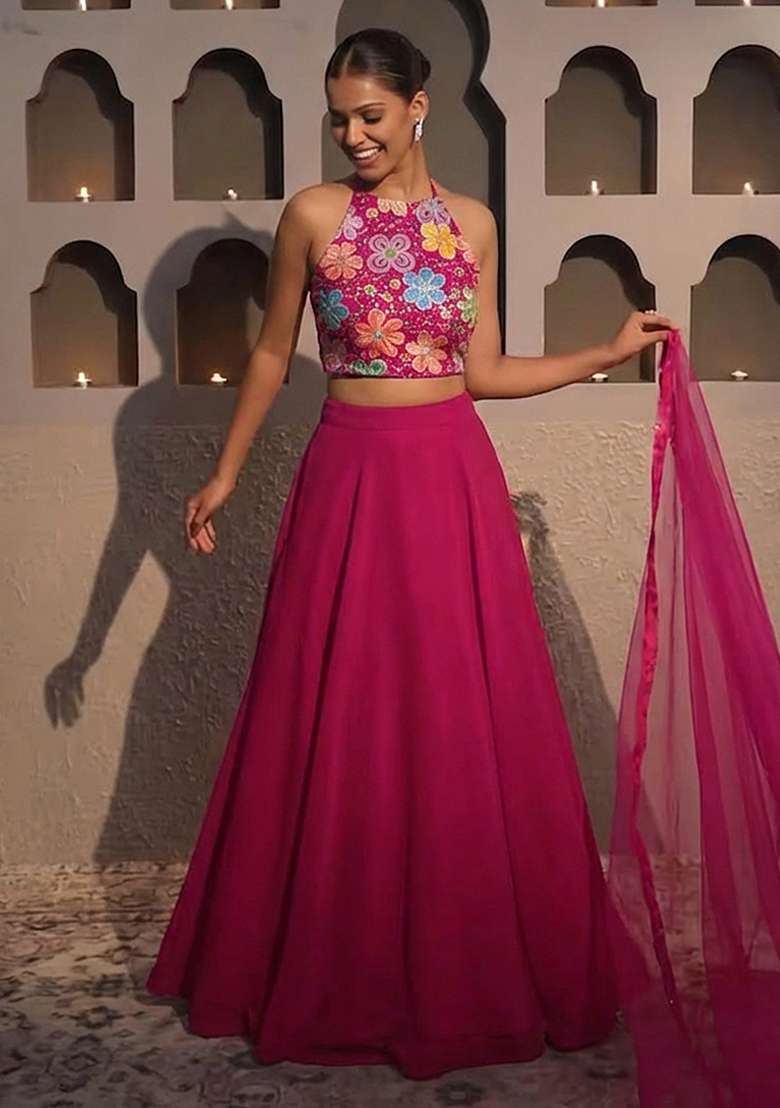 Baby Pink Embroidery Blouse Crepe Lehenga Set for Diwali and Festive Wear - Indya