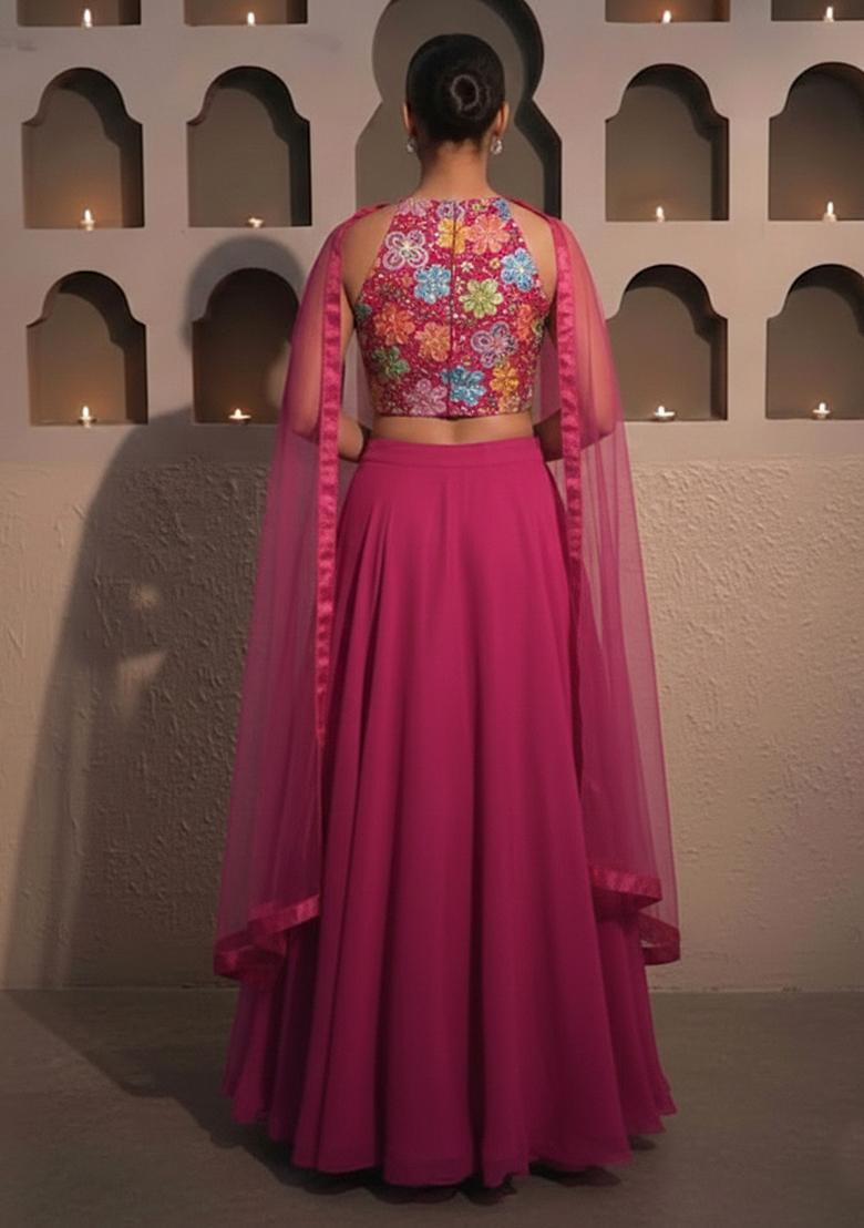 Baby Pink Embroidery Blouse Crepe Lehenga Set - Indya