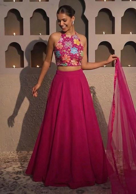 Baby Pink Embroidery Blouse Crepe Lehenga Set