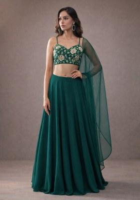 Deep Emerald Green Embroidery Blouse Crepe Lehenga Set