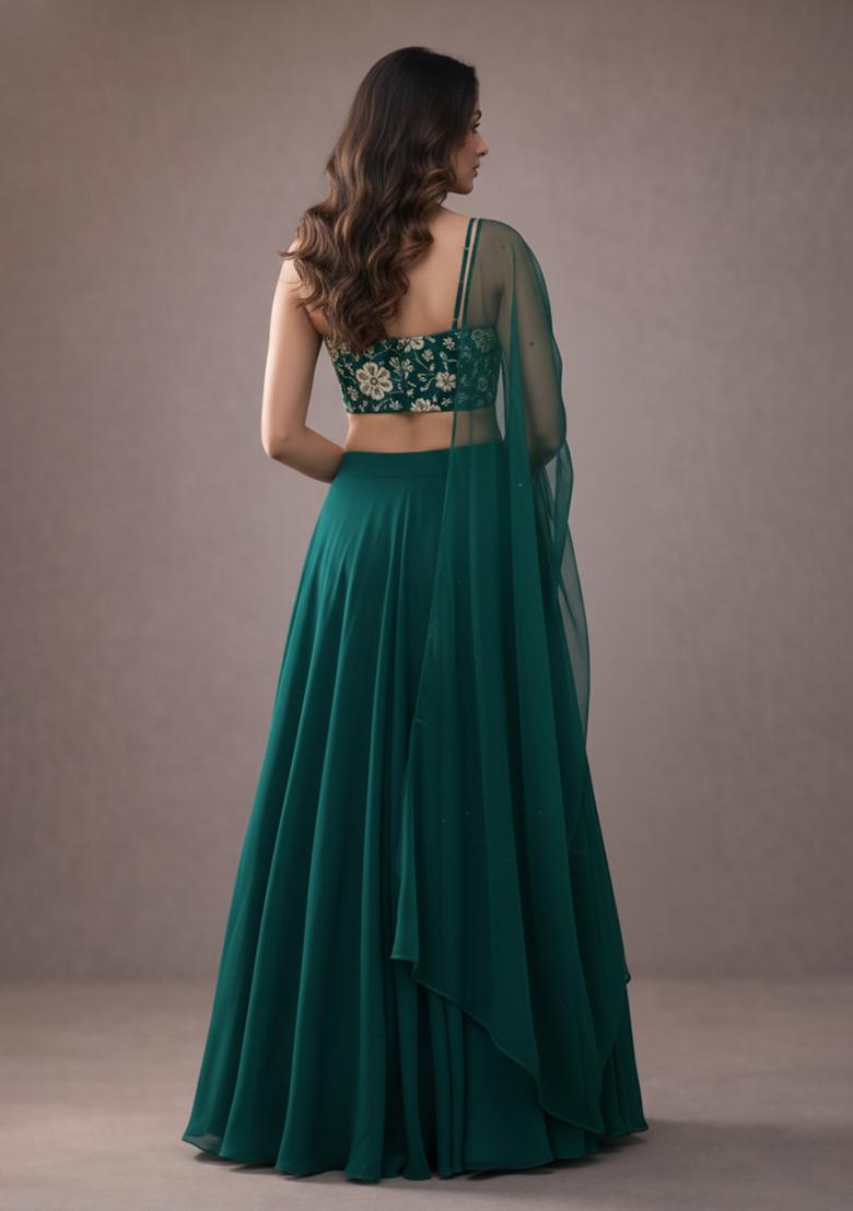 Deep Emerald Green Embroidery Blouse Crepe Lehenga Set - Indya