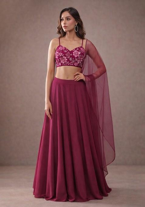 Green Embroidery Blouse Crepe Lehenga Set