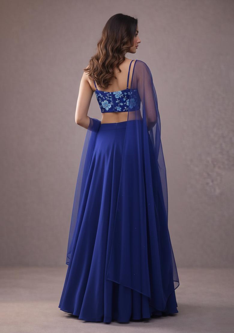 Blue Embroidery Blouse Crepe Lehenga Set - Indya