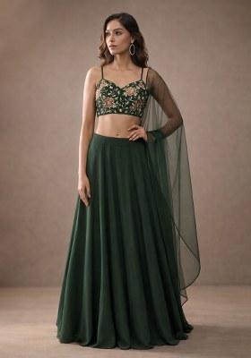 Green Embroidery Blouse Crepe Lehenga Set