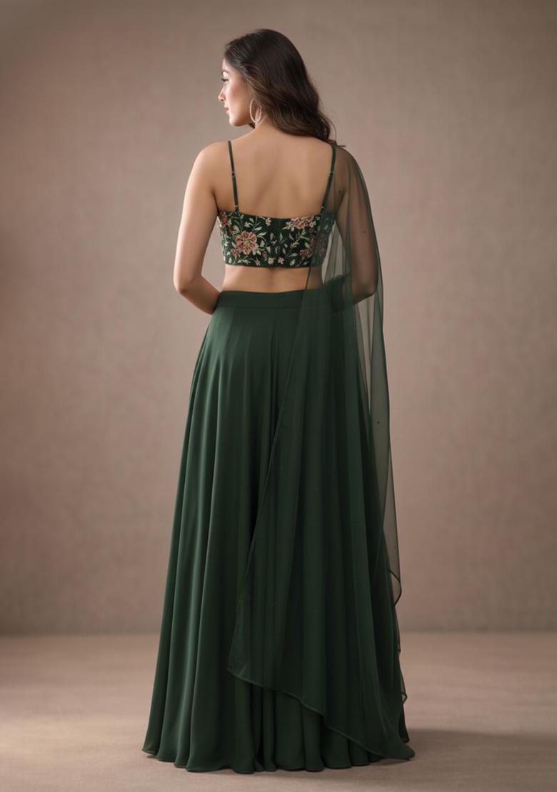 Green Embroidery Blouse Crepe Lehenga Set - Indya