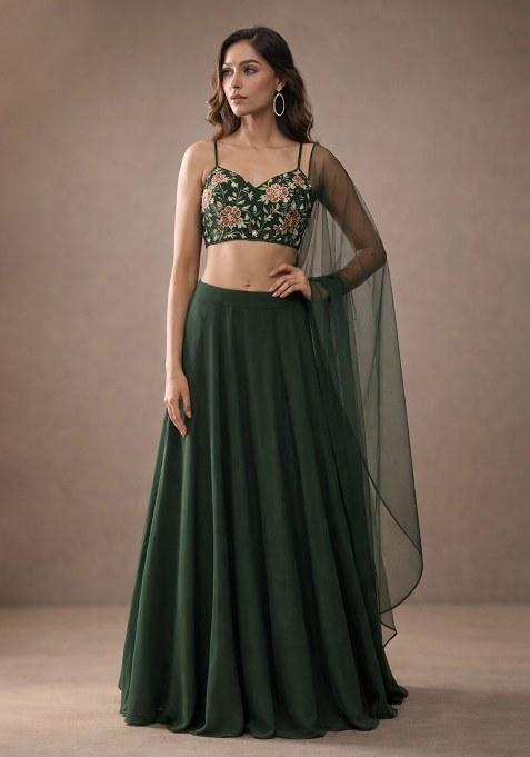Olive Green Brocade Lehenga Set