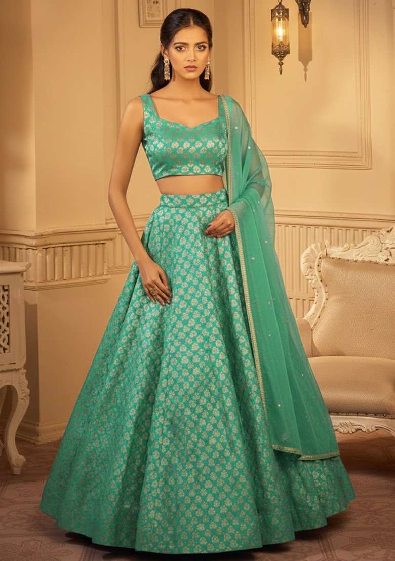 Turquoise Jacquard Brocade Lehenga Set for Diwali | Wedding & Festive Wear - Indya
