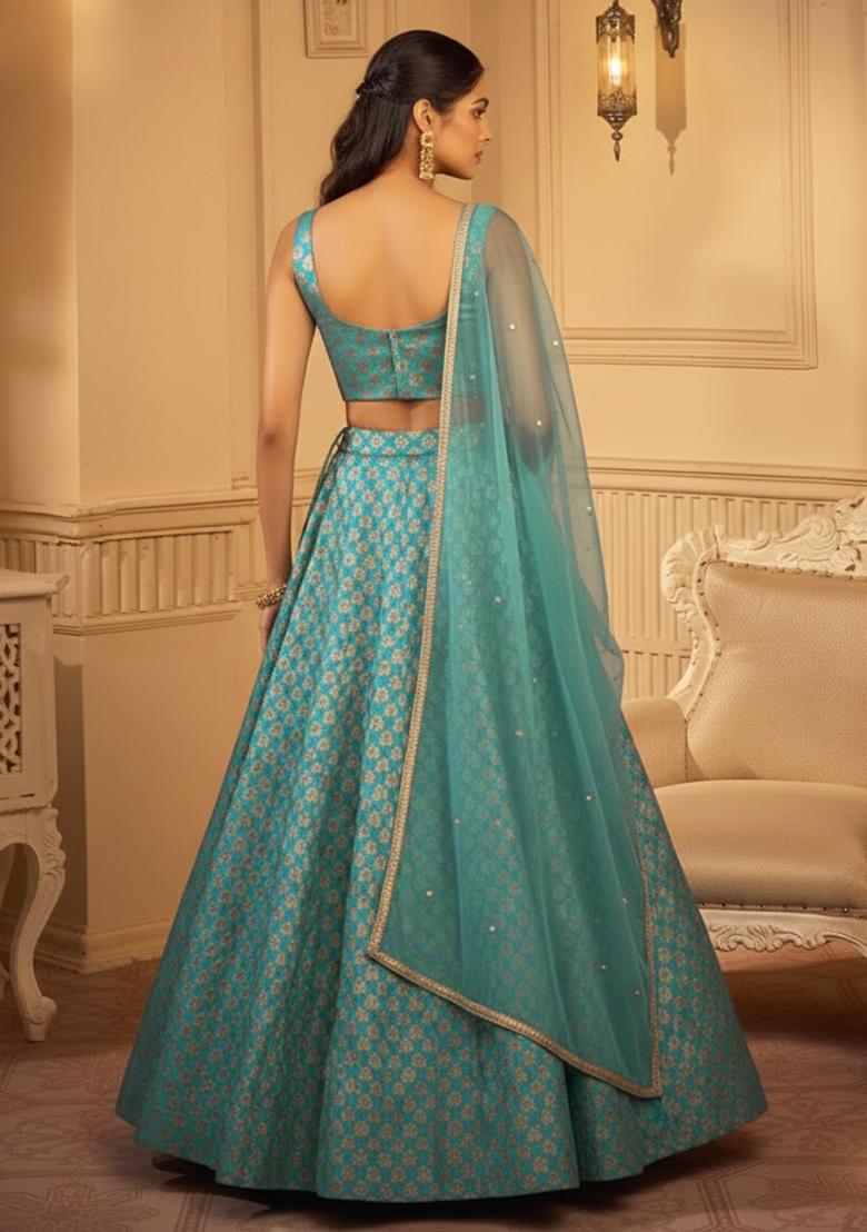 Turquoise Jacquard Brocade Lehenga Set - Indya