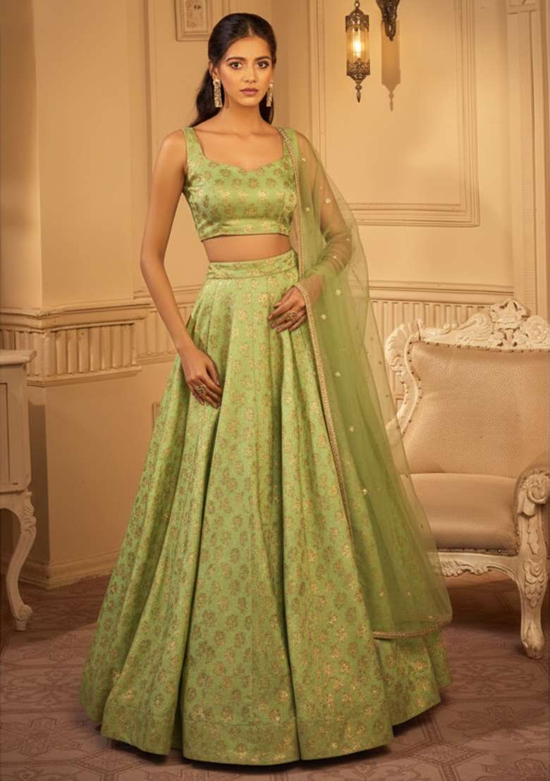Olive Green Jacquard Brocade Lehenga Set for Diwali | Wedding & Festive Wear - Indya