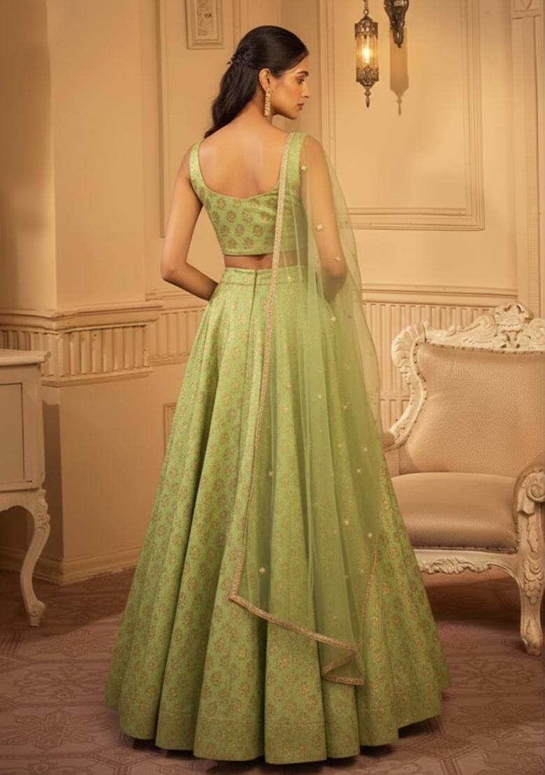 Olive Green Jacquard Brocade Lehenga Set - Indya