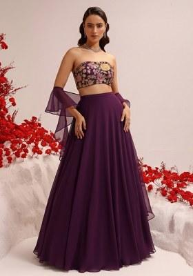 Purple Viscose crepe Solid Lehenga Set With Embroidery Blouse