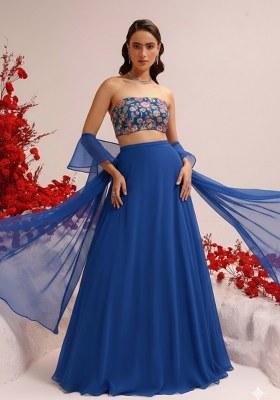 Blue Viscose crepe Solid Lehenga Set With Embroidery Blouse