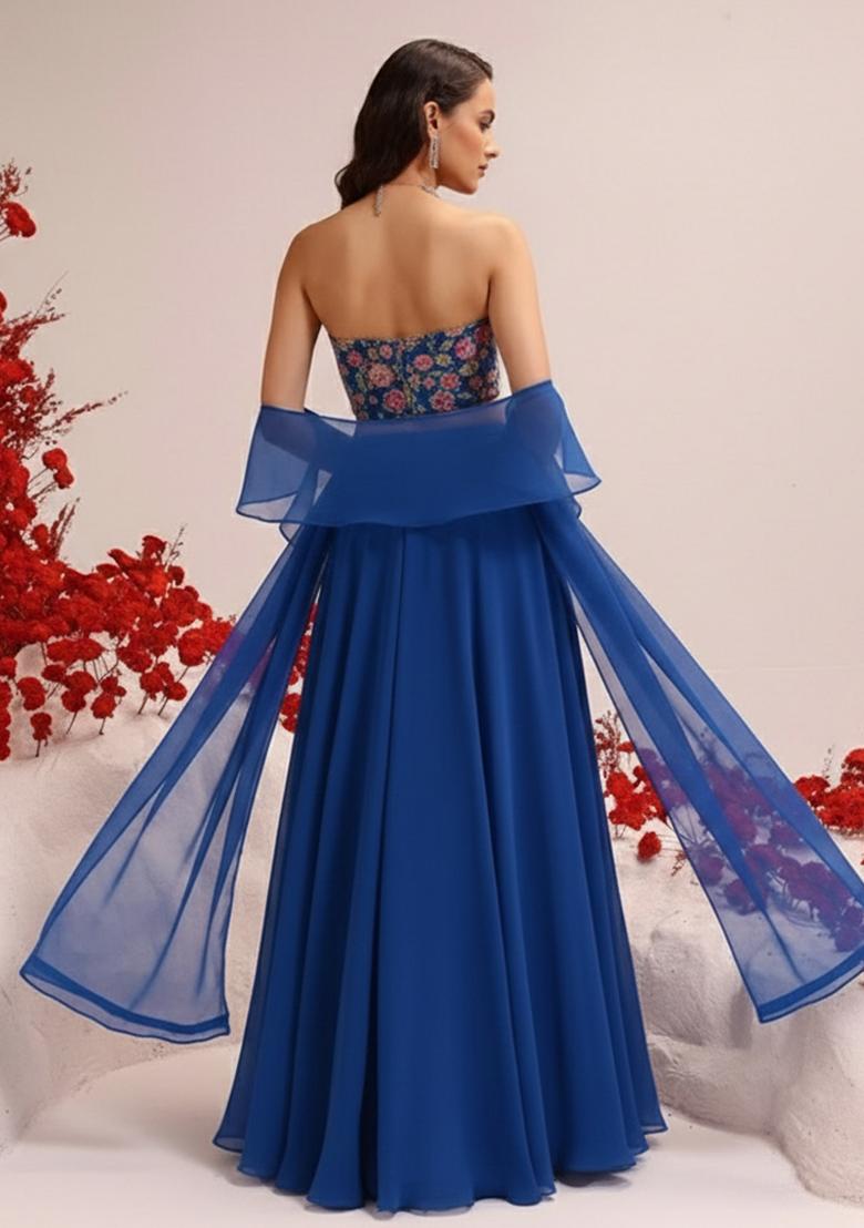 Blue Viscose crepe Solid Lehenga Set With Embroidery Blouse - Indya