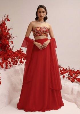 Red Viscose crepe Solid Lehenga Set With Embroidery Blouse