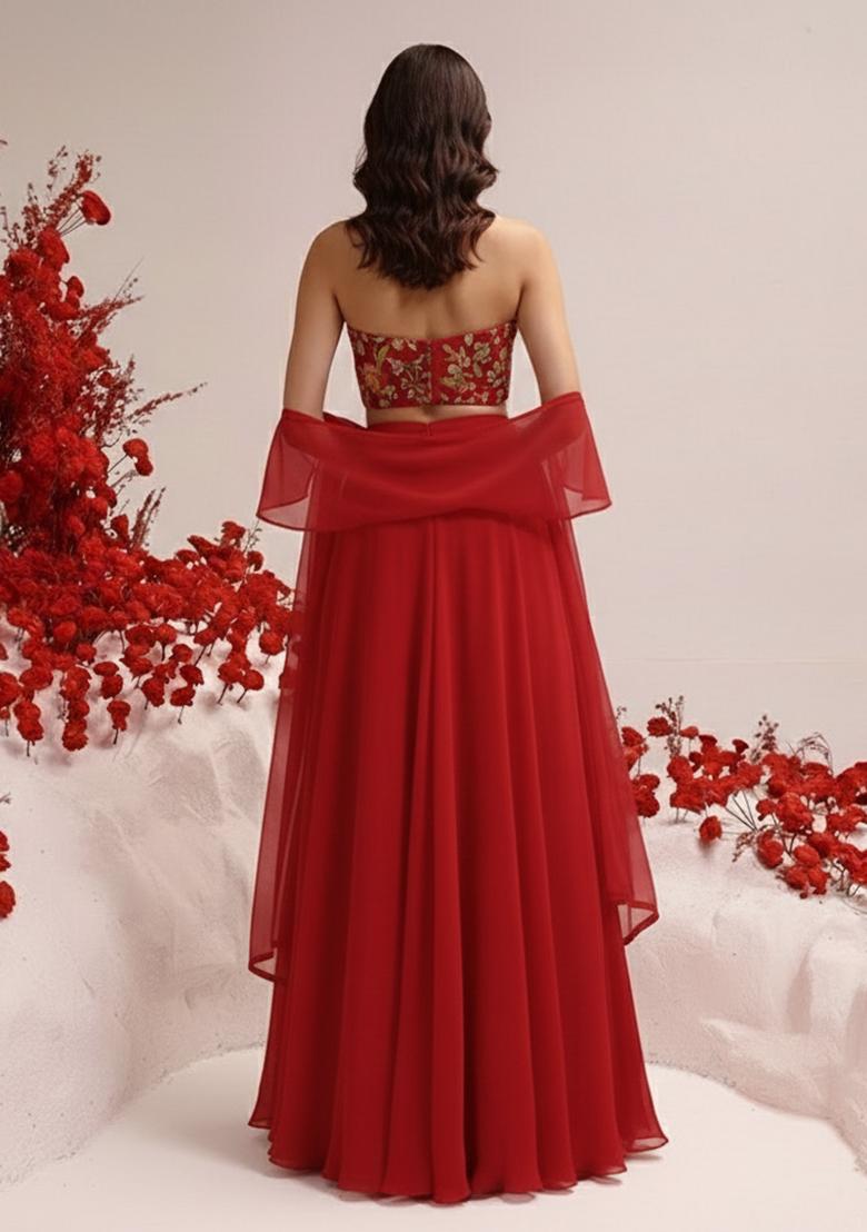 Red Viscose crepe Solid Lehenga Set With Embroidery Blouse - Indya