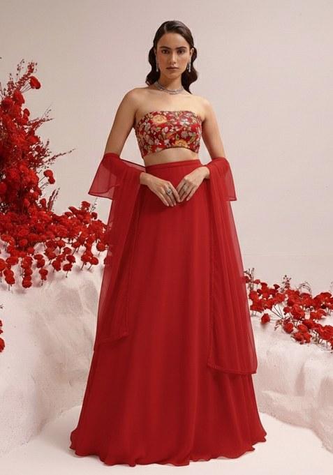 Red Viscose crepe Solid Lehenga Set With Embroidery Blouse