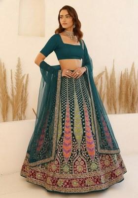 Deep Teal Embroidery Crepe Lehenga Set