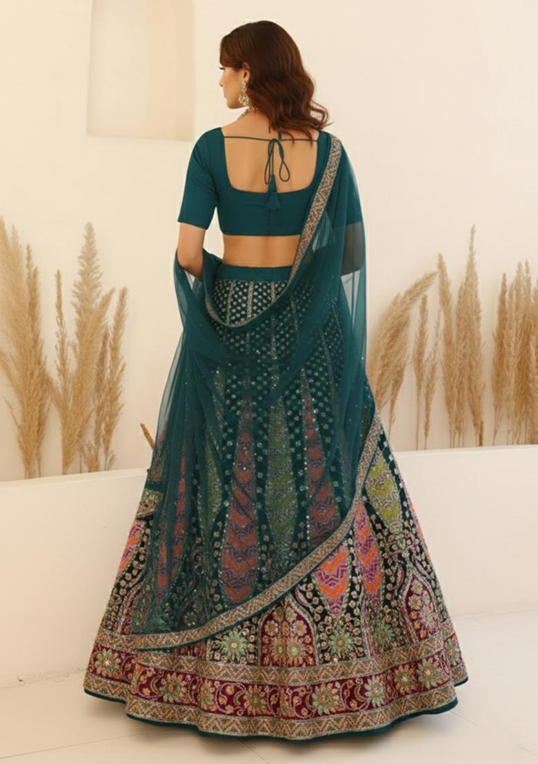 Deep Teal Embroidery Crepe Lehenga Set - Indya