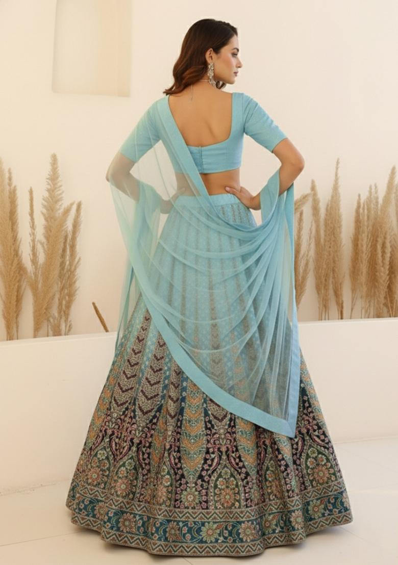 Blue Embroidery Crepe Lehenga Set - Indya