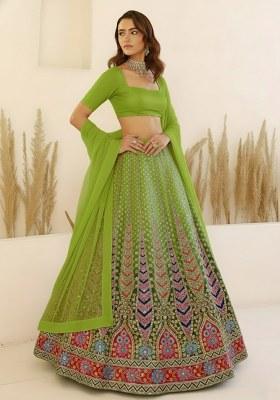 Green Embroidery Crepe Lehenga Set