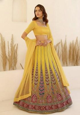 Yellow Embroidery Crepe Lehenga Set