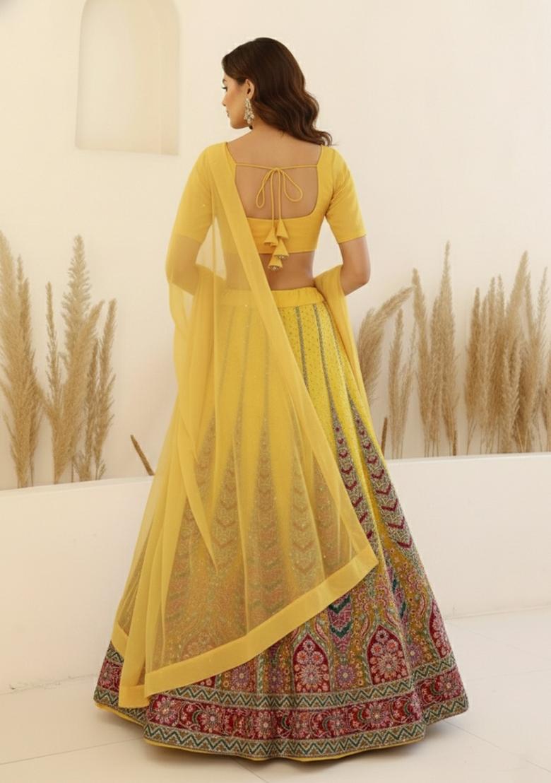 Yellow Embroidery Crepe Lehenga Set - Indya