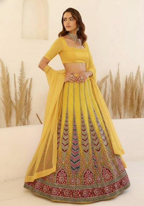 Yellow Embroidery Crepe Lehenga Set