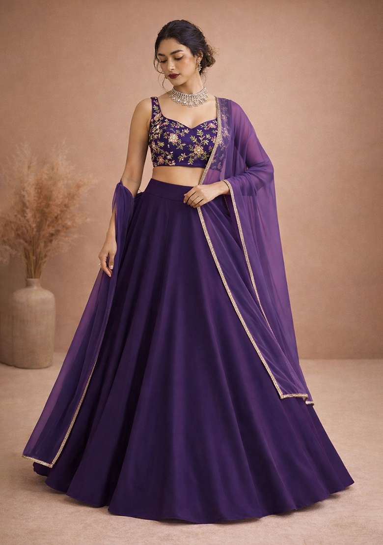 Purple Embroidery Crepe Lehenga Set for Diwali and Festive Wear - Indya